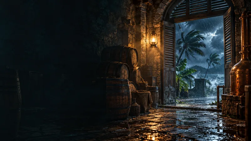 Une distillerie éclairée dans la nuit, sous une tempête tropicale